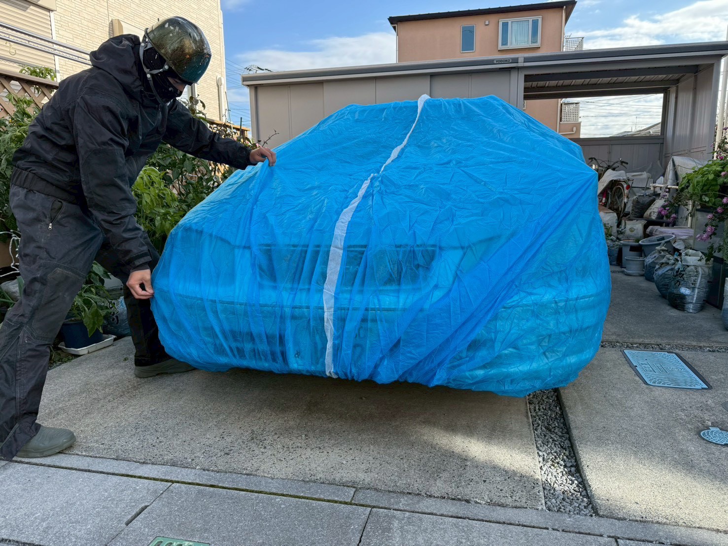 三郷市 外壁塗装 養生作業 自転車などの保護