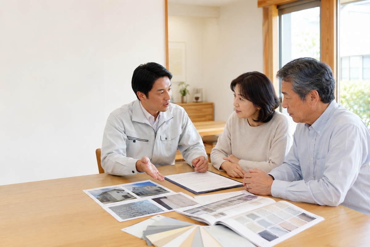 外壁塗装の見積書や住宅写真を使ってご夫婦へ説明する塗装会社スタッフ