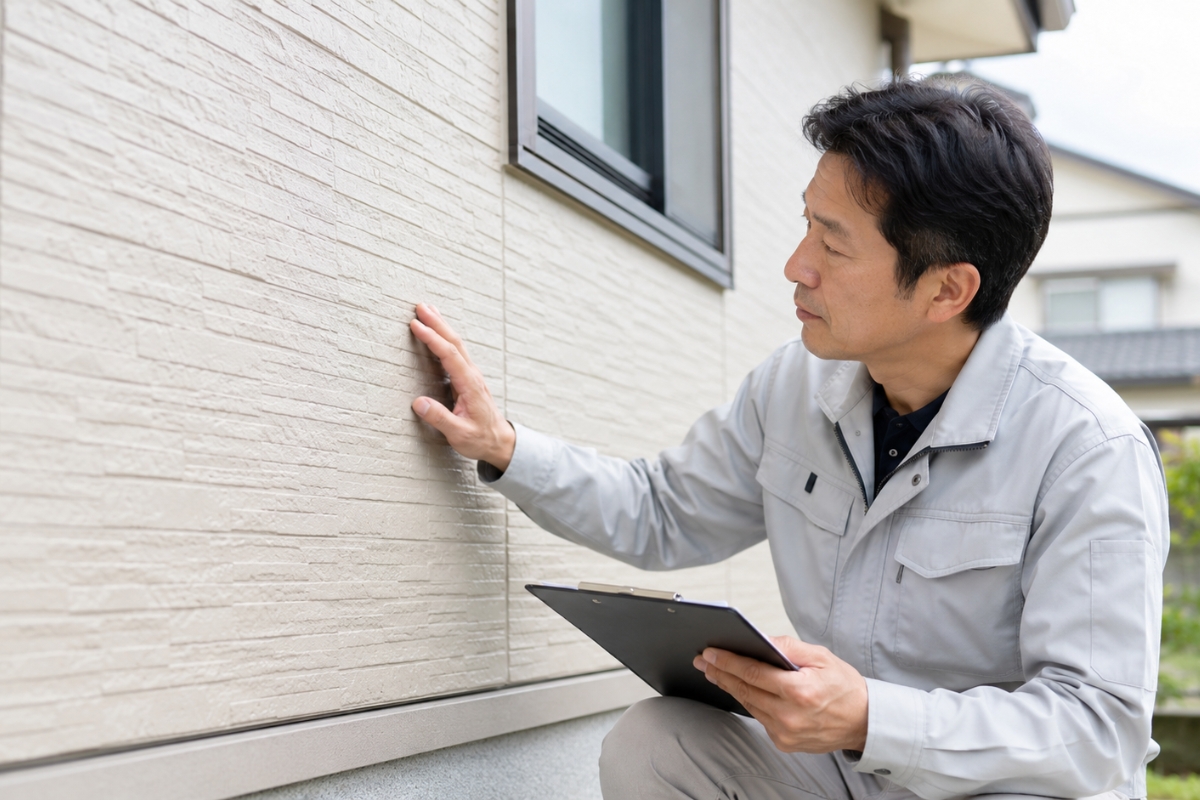 戸建て住宅の外壁やシーリングを確認して調査内容を記録する塗装職人