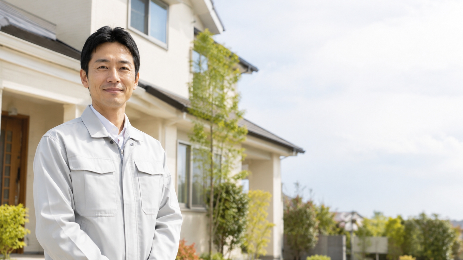 三郷市の戸建て住宅を背景に外壁塗装の相談を受け付ける塗装会社スタッフ
