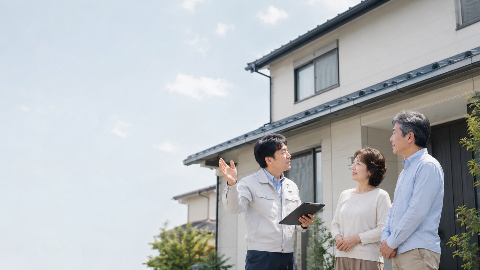 三郷市の戸建て住宅で外壁塗装について相談するご夫婦と塗装会社スタッフ